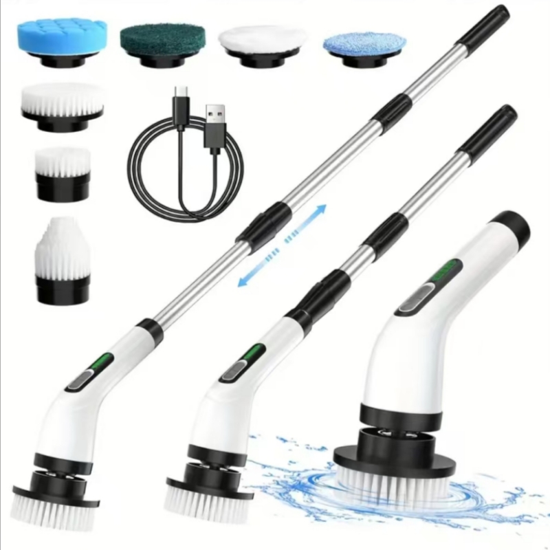 Brosse de Nettoyage Électrique Rotative avec 7 Têtes de Brosse et Manche Télescopique